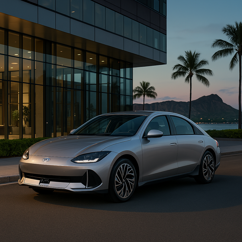 2025 Hyundai IONIQ 6 at Jerry V Honolulu Hyundai with Diamond Head in the background.